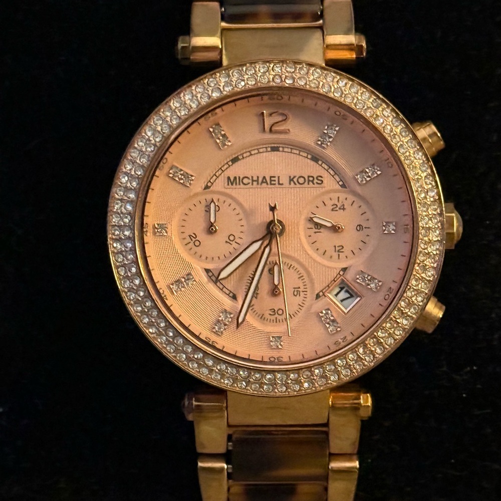 Michael Kors Rose Gold Chronograph Watch with Crystal Bezel
